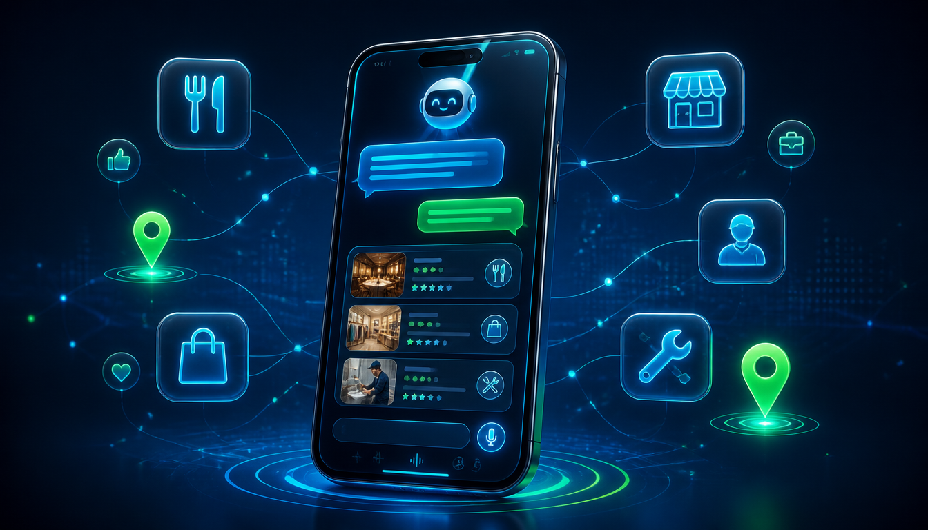 Buscamate.ia: smartphone mostrando conversa com IA e recomendações locais